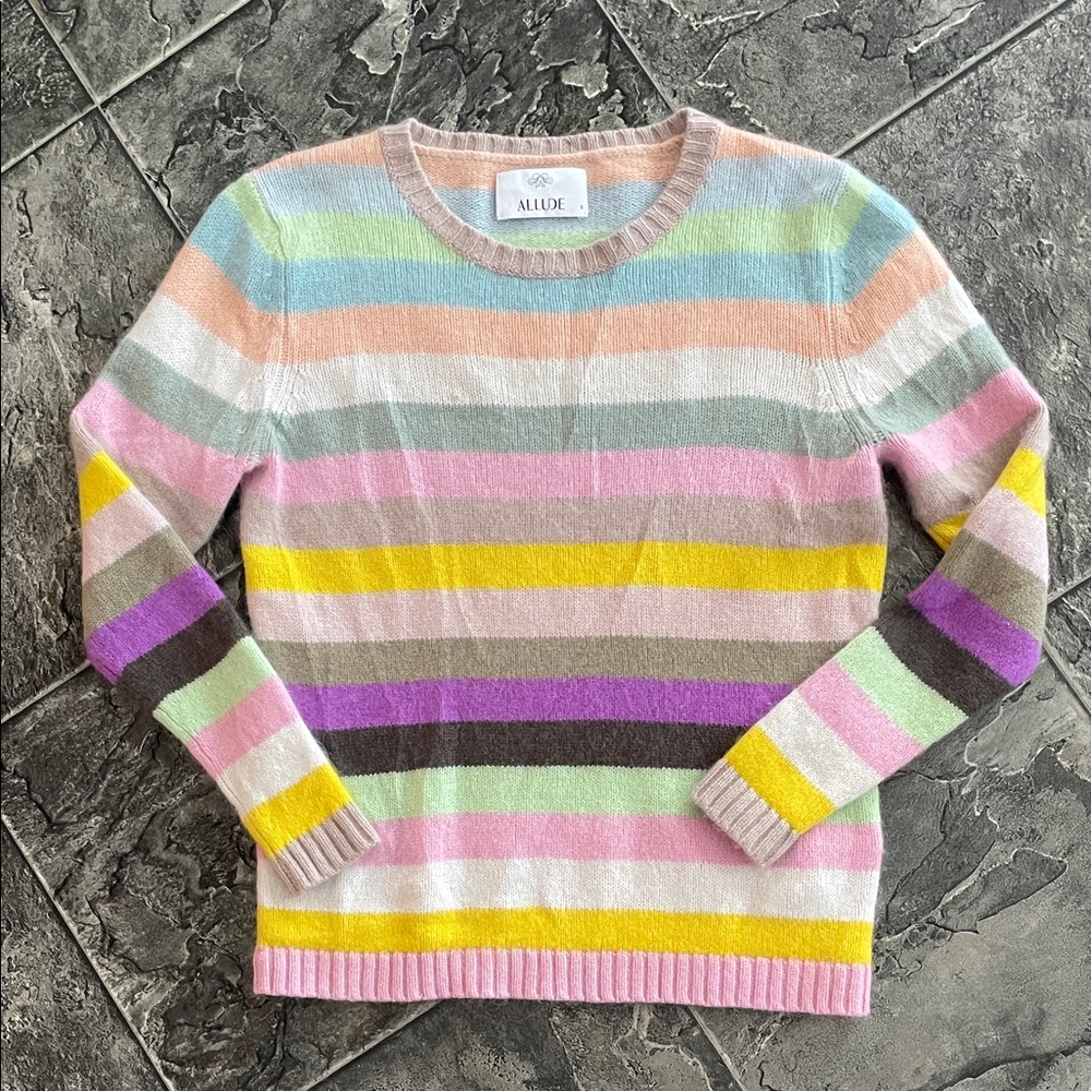 100% Cashmere ALLUDE Women's Luxurious Multicolor Striped Sweater Coastal Soft